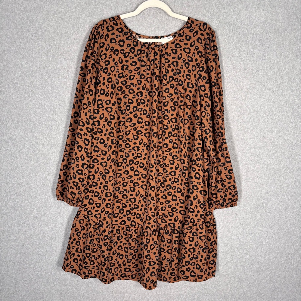 Ava Viv Peasant Tiered Mini Dress 1X Brown Leopard Print Western Flowy Maximum